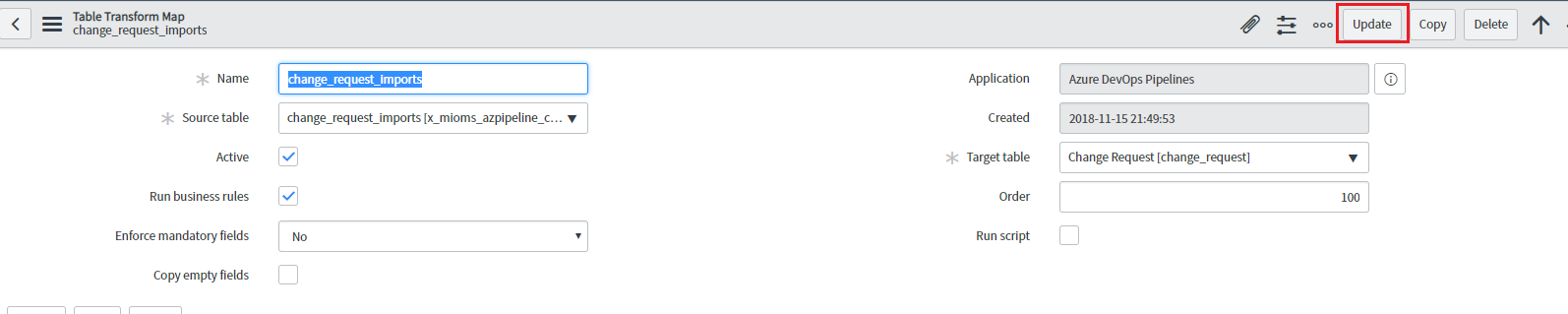 Update transform map